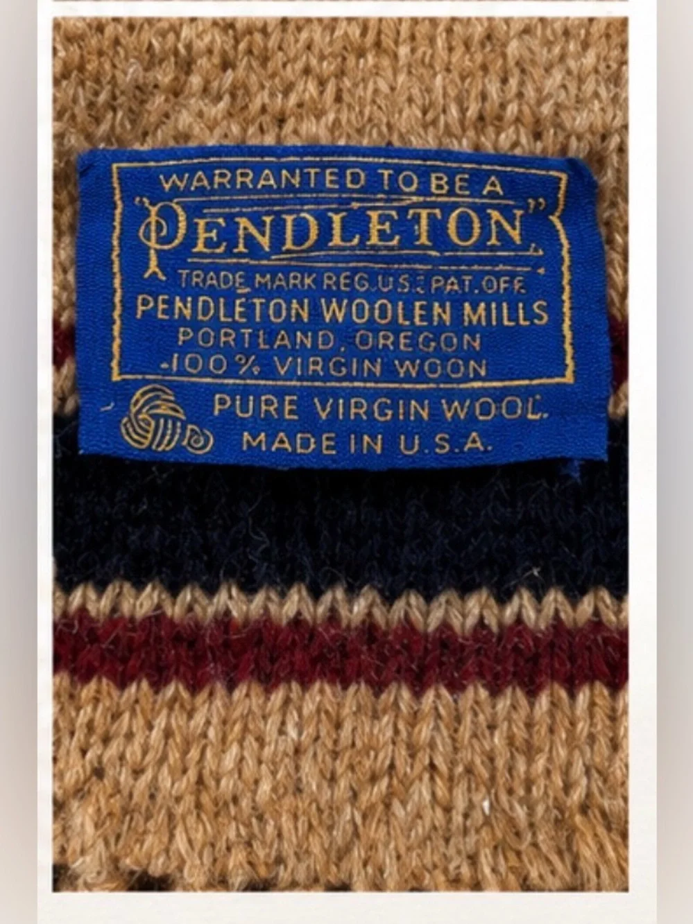 Pendleton Tan Wool Scarf with Navy & Burgundy Stripes
